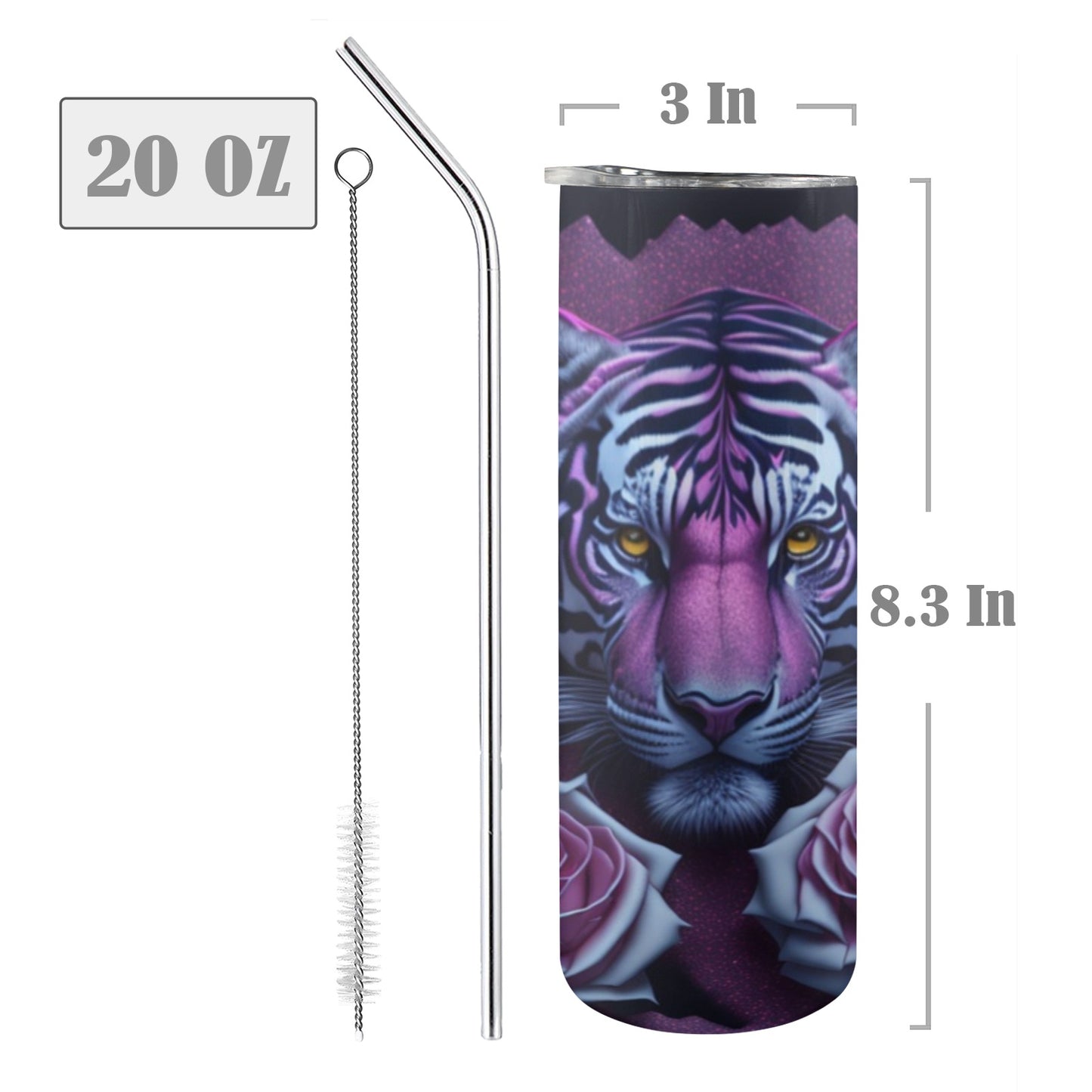 Tiger With Purple Roses - 20oz Tall Skinny Stainless-Steel Tumbler