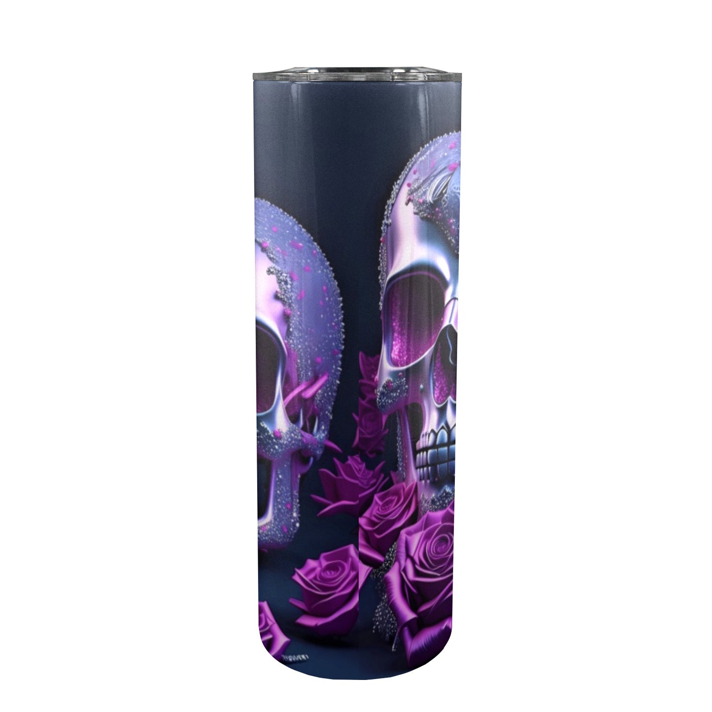 Purple Double Skulls With Roses - 20oz Tall Skinny Stainless-Steel Tumbler