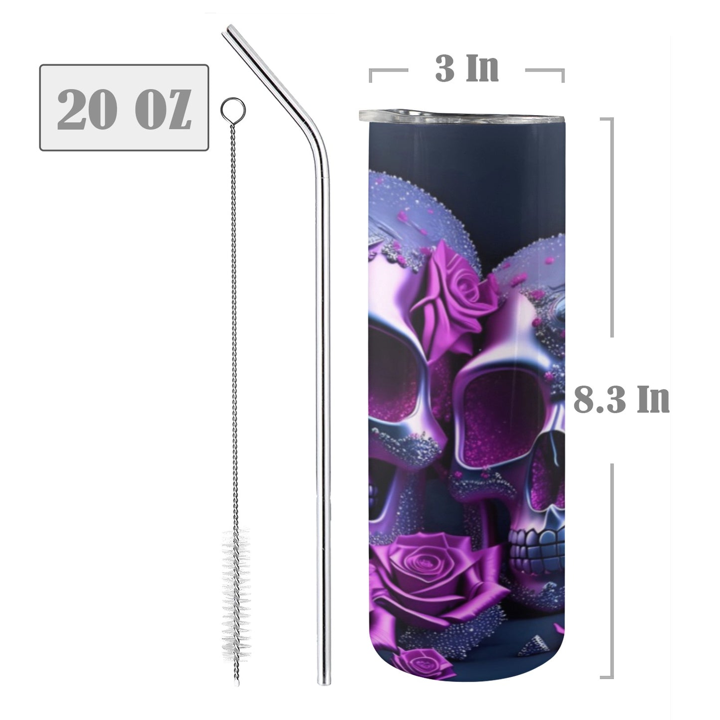 Purple Double Skulls With Roses - 20oz Tall Skinny Stainless-Steel Tumbler