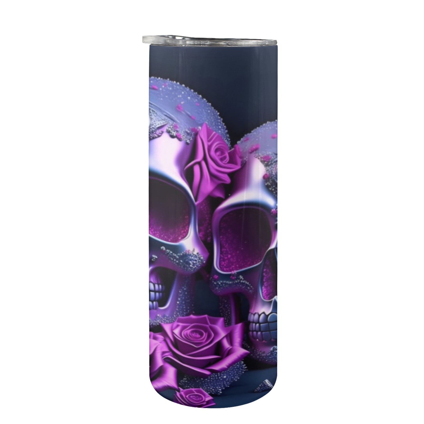 Purple Double Skulls With Roses - 20oz Tall Skinny Stainless-Steel Tumbler