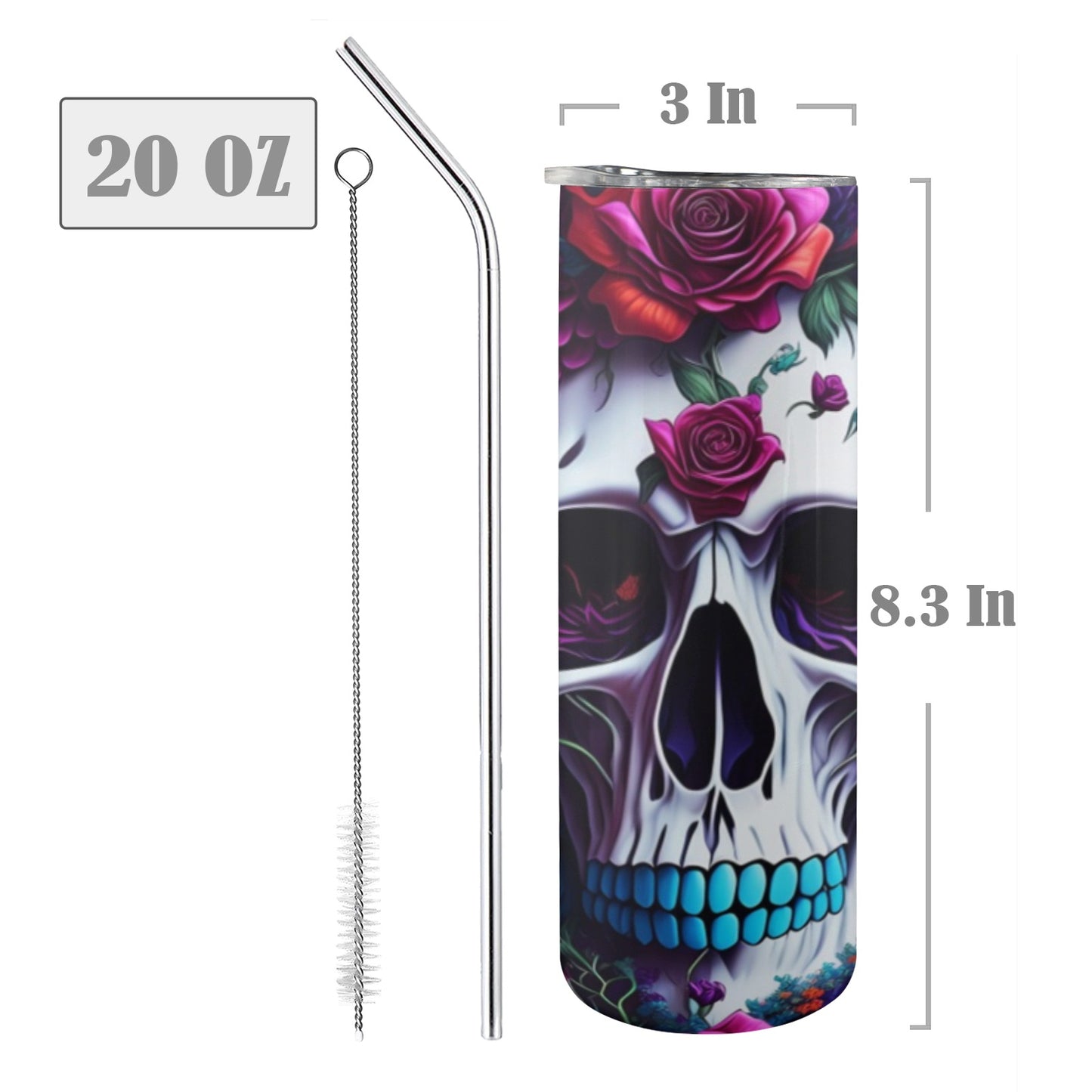 Skull With Roses - 20oz Tall Skinny Stainless-Steel Tumbler